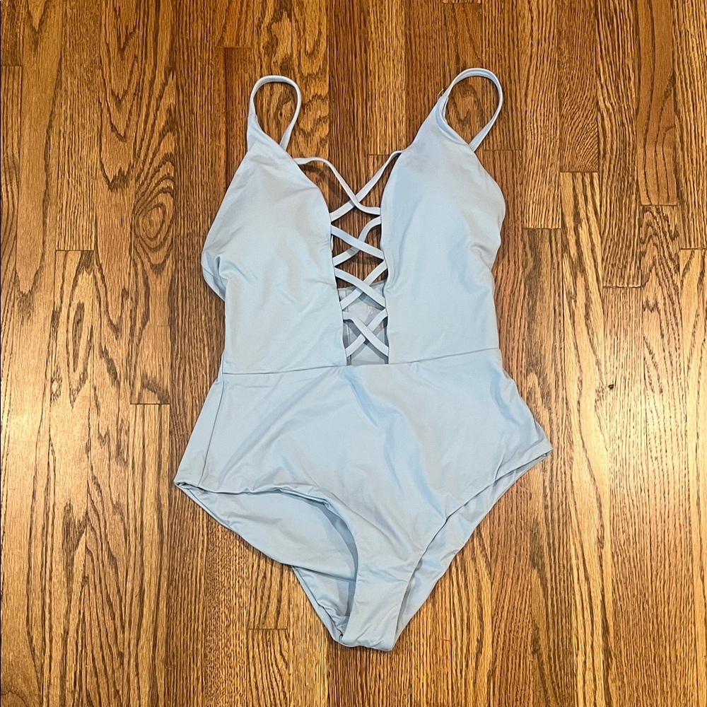 NWT Light Blue One-Piece Swimsuit with Crisscross Front